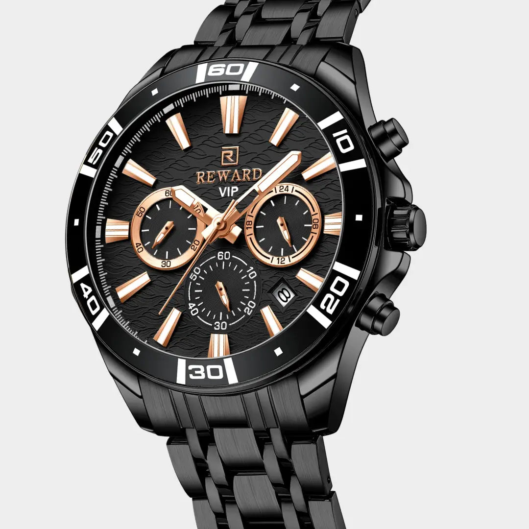Relógio casual masculino preto com detalhes em ouro rosa Reward VIP Essence 44mm visto em ângulo de 3/4