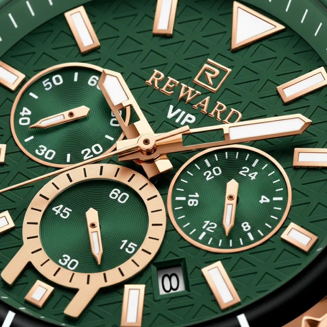 Relógio casual masculino preto com mostrador verde e bisel canelado Reward VIP Essence 45mm  vista do mostrador
