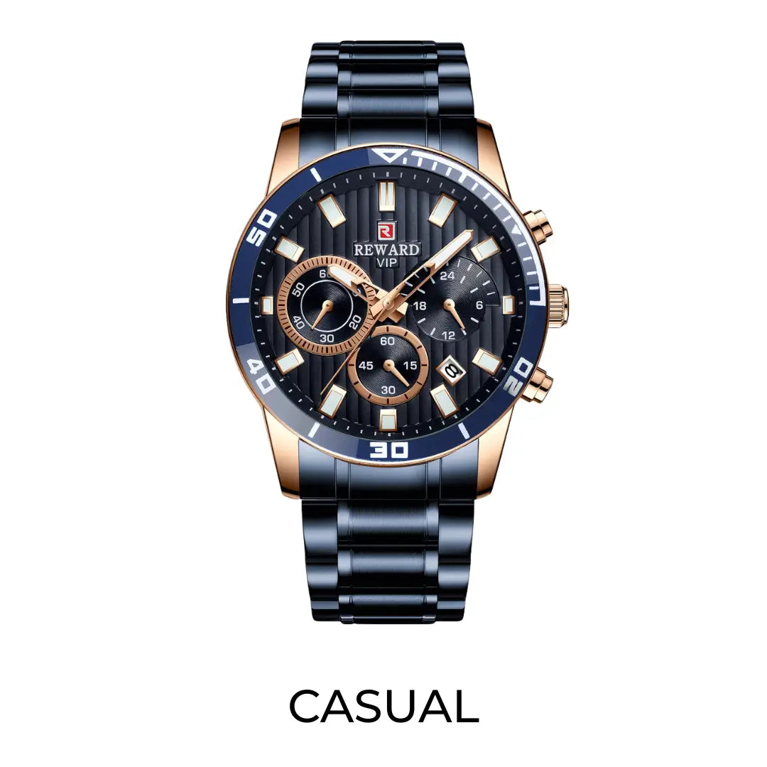 Relógio casual masculino azul com caixa rosé gold 