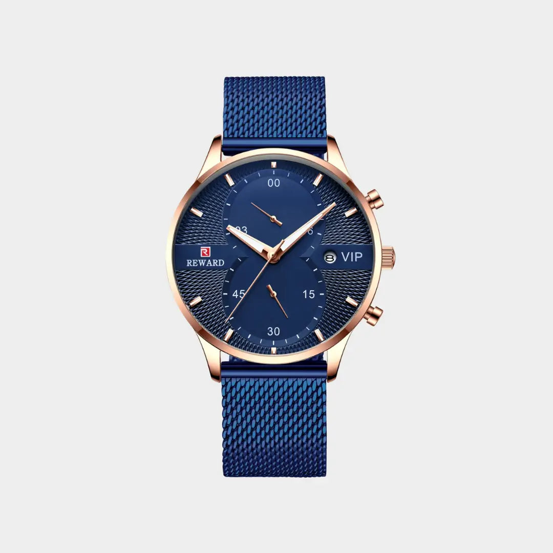 Relógio clássico masculino Linéar Blue 45 mm com mostrador azul visto de frente