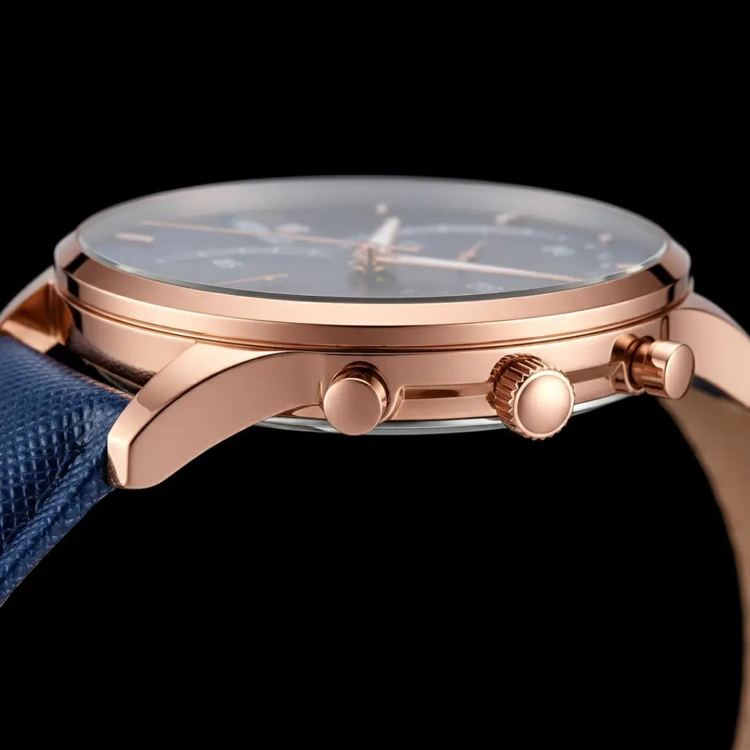 Detalhe do cristal do relógio clássico masculino Linéar Blue