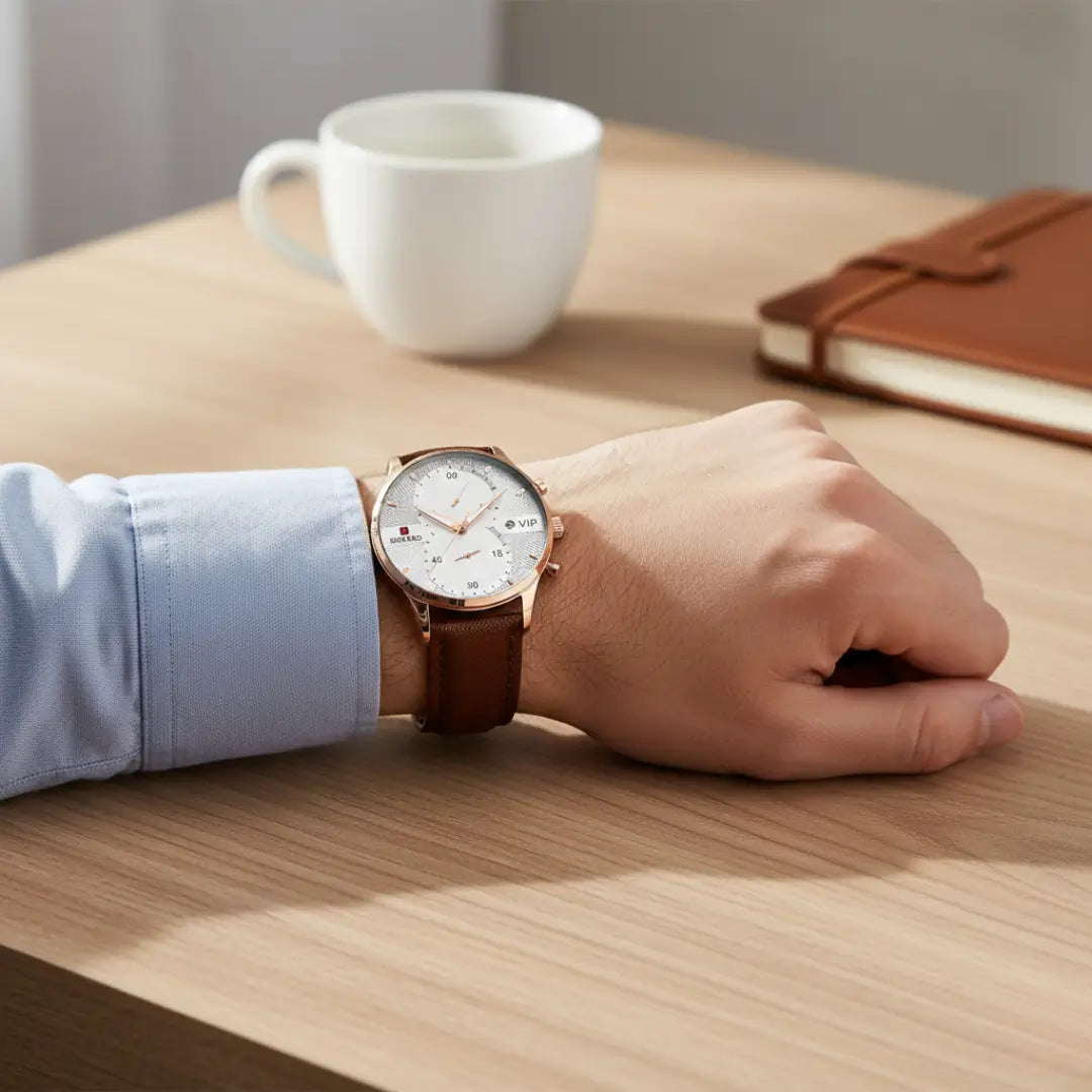 Relógio clássico masculino Reward VIP Linéar Brown no pulso em ambiente casual com mesa de café ao fundo