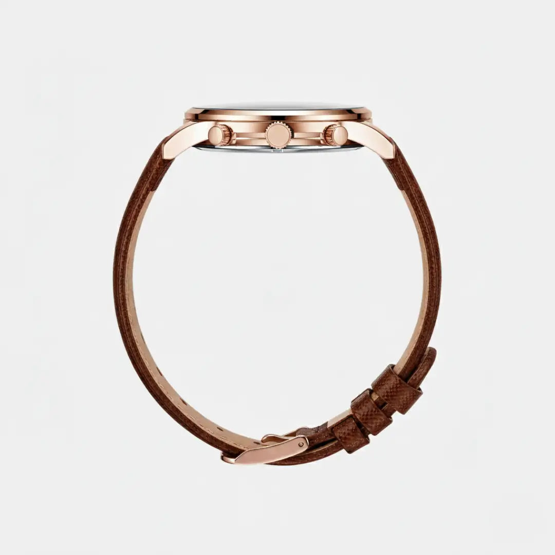 Vista lateral completa do relógio clássico masculino Reward VIP Linéar Brown, mostrando caixa, pulseira de couro e fecho tipo fivela