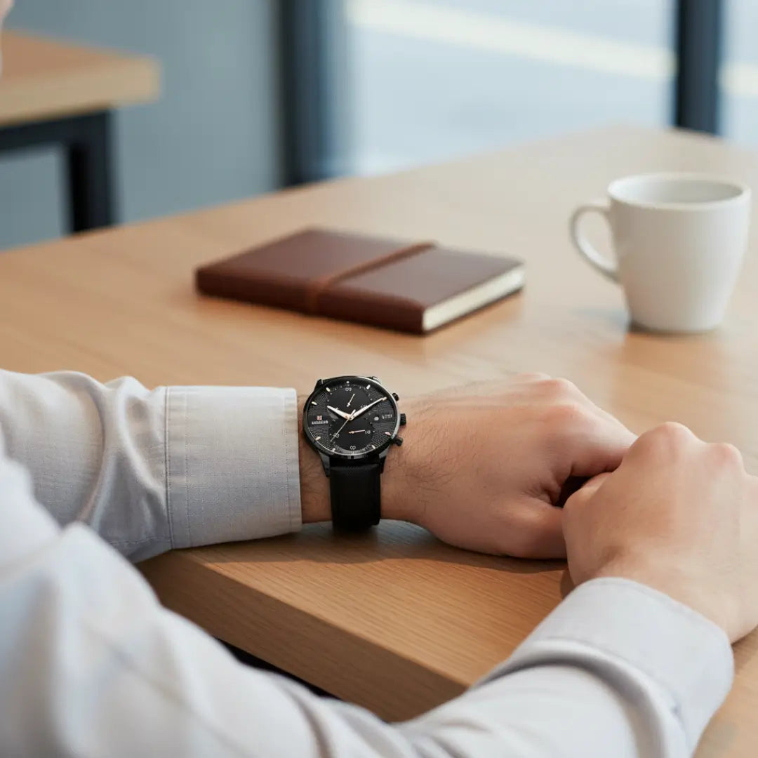 Relógio clássico masculino Linéar preto com pulseira de couro no pulso em ambiente de cafeteria