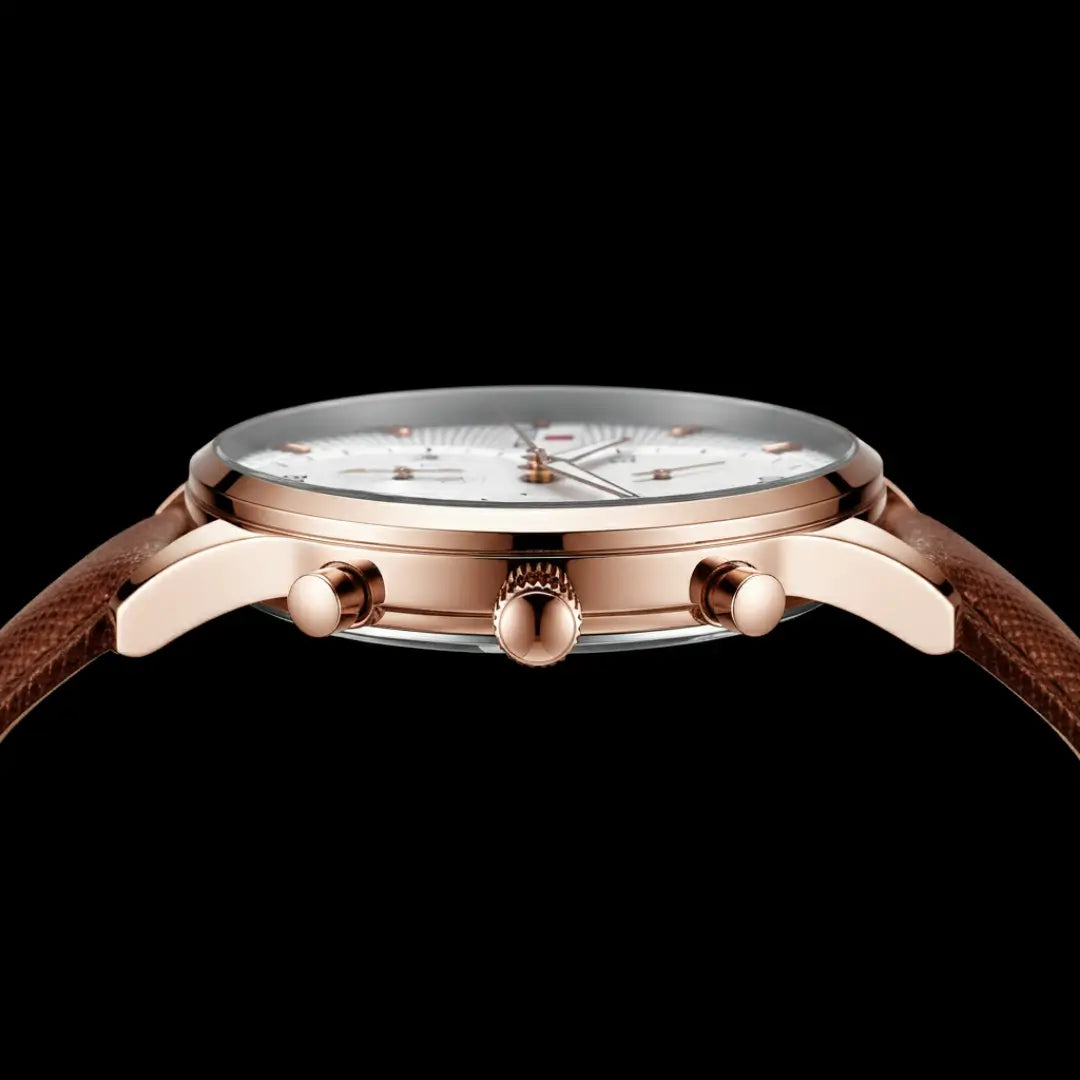 Vista lateral da caixa do relógio clássico masculino Reward VIP Linéar Brown com pulseira de couro marrom