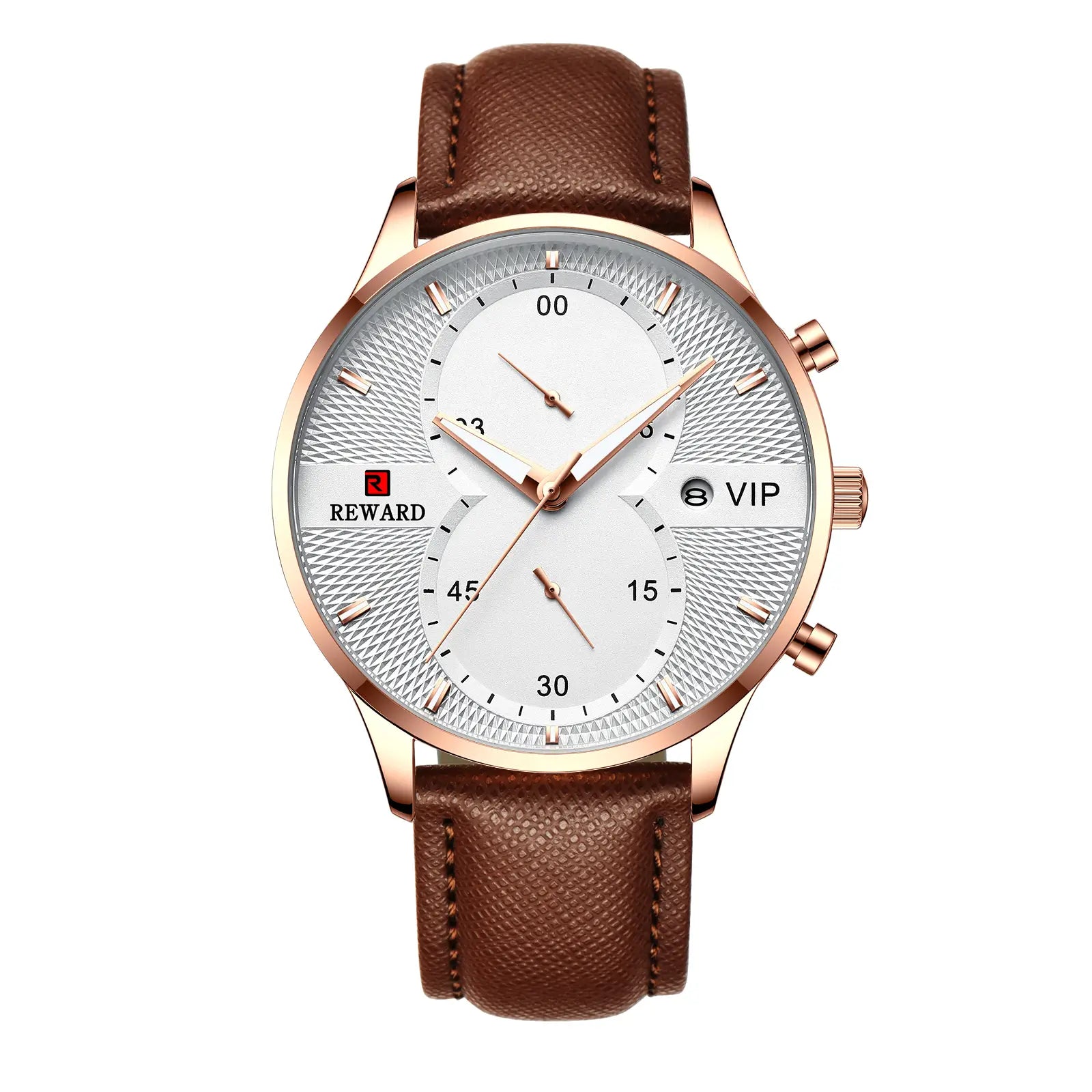 Relógio de couro masculino Reward VIP Linear visto de frente, com mostrador minimalista e caixa metálica refinada em composição elegante