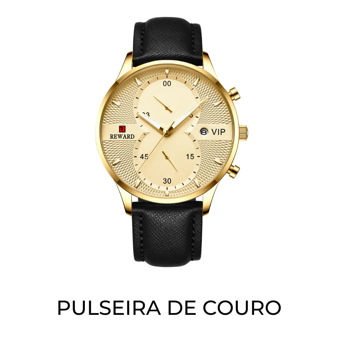 Relógio de couro masculino com caixa dourada e pulseira em couro