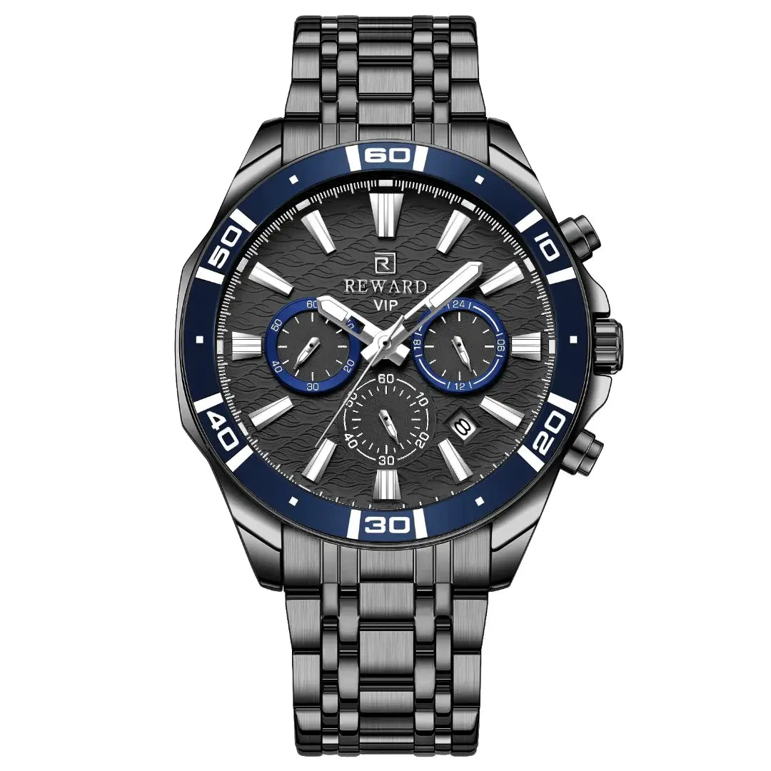 relogio masculino reward vip preto com detalhes em azul profundo e indices branco