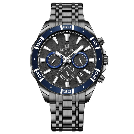 relogio masculino reward vip preto com detalhes em azul profundo e indices branco