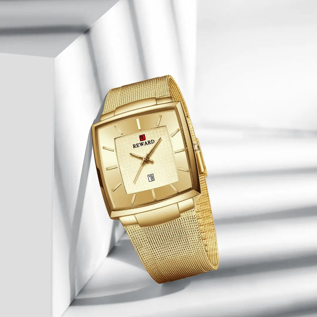 Relógio masculino dourado Reward VIP Monaco Date com movimento quartzo seiko e contraste marcante