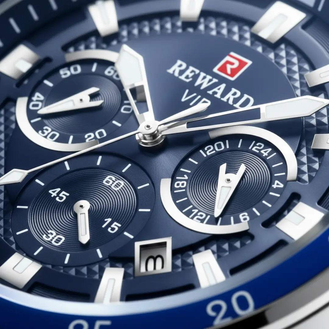 Detalhe dos ponteiros do relógio esportivo masculino Cronos azul