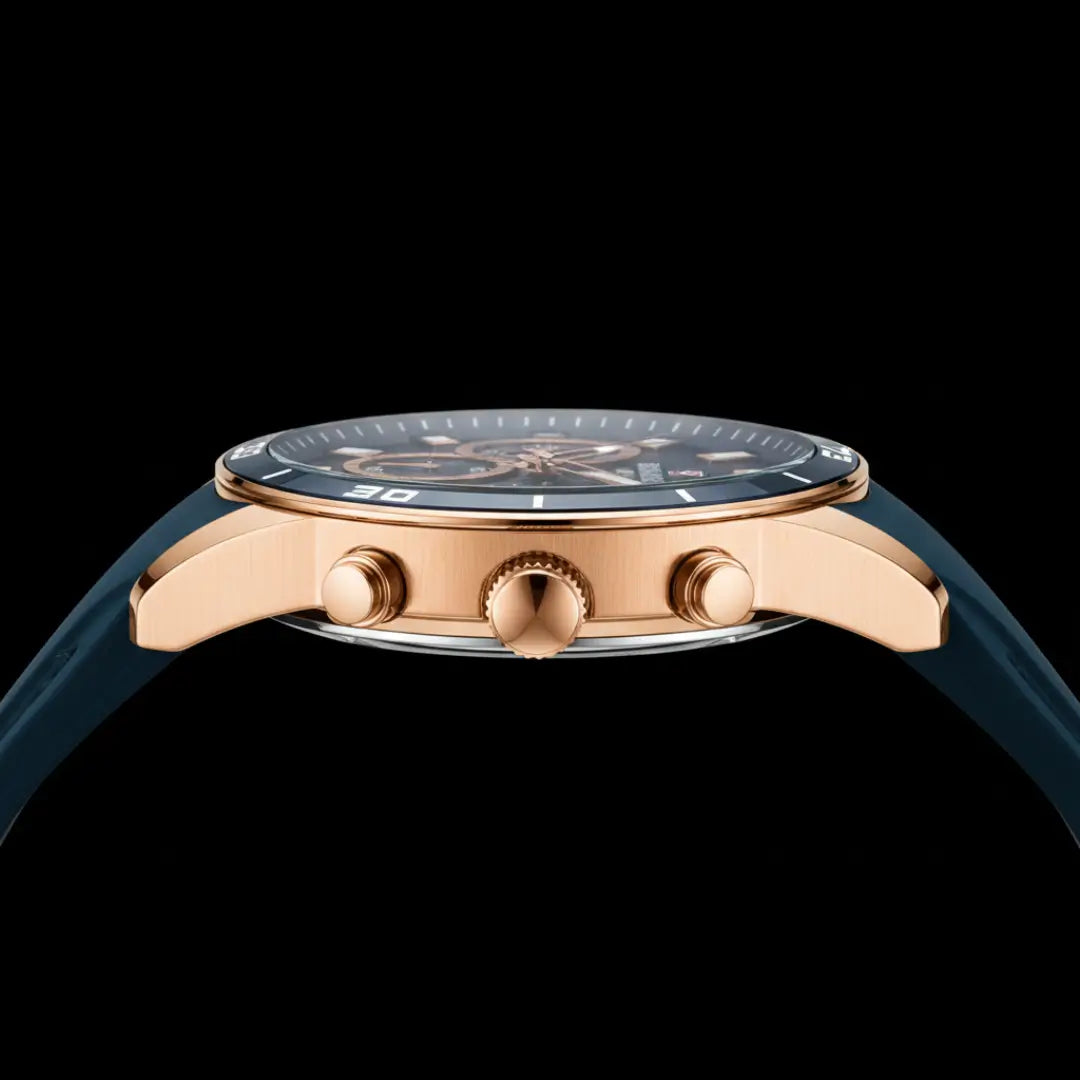 Relógio esportivo masculino azul e dourado Reward VIP Aurion Sport com pulseira de borracha e cronógrafo vista da caixa em aço