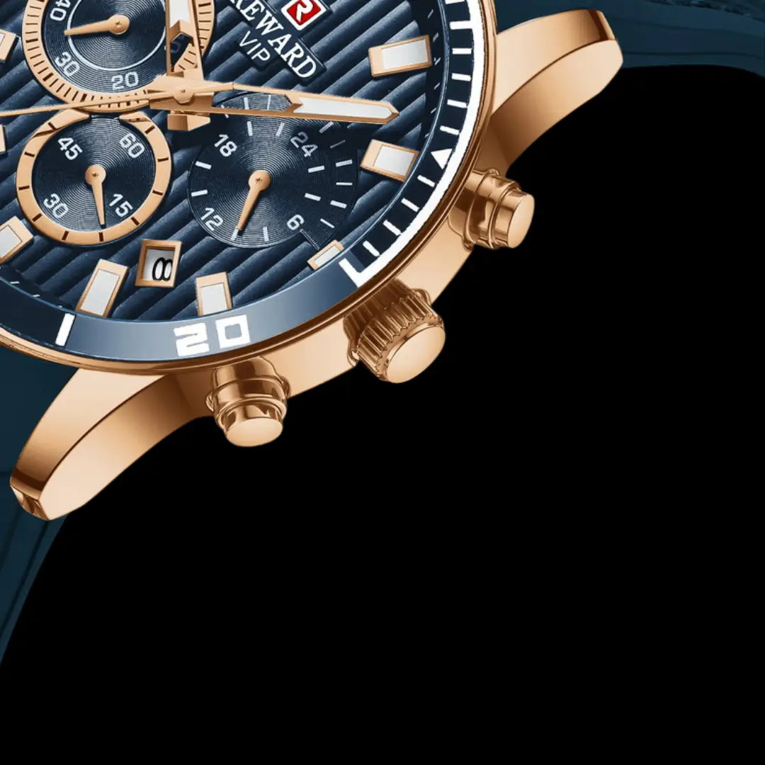 Relógio esportivo masculino azul e dourado Reward VIP Aurion Sport com pulseira de borracha e cronógrafo vista da coroa
