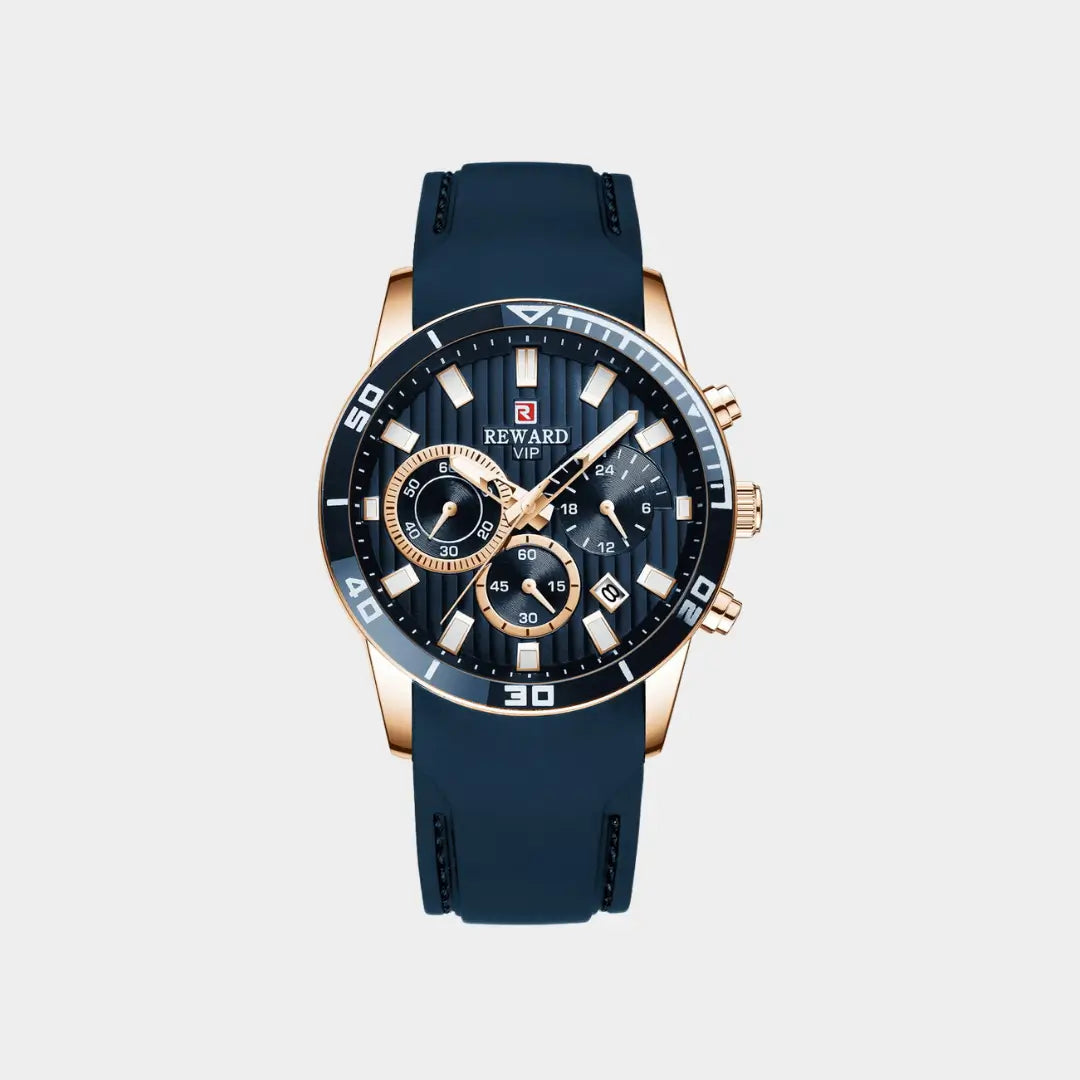 Relógio esportivo masculino azul e dourado Reward VIP Aurion Sport com pulseira de borracha e cronógrafo vista frontal