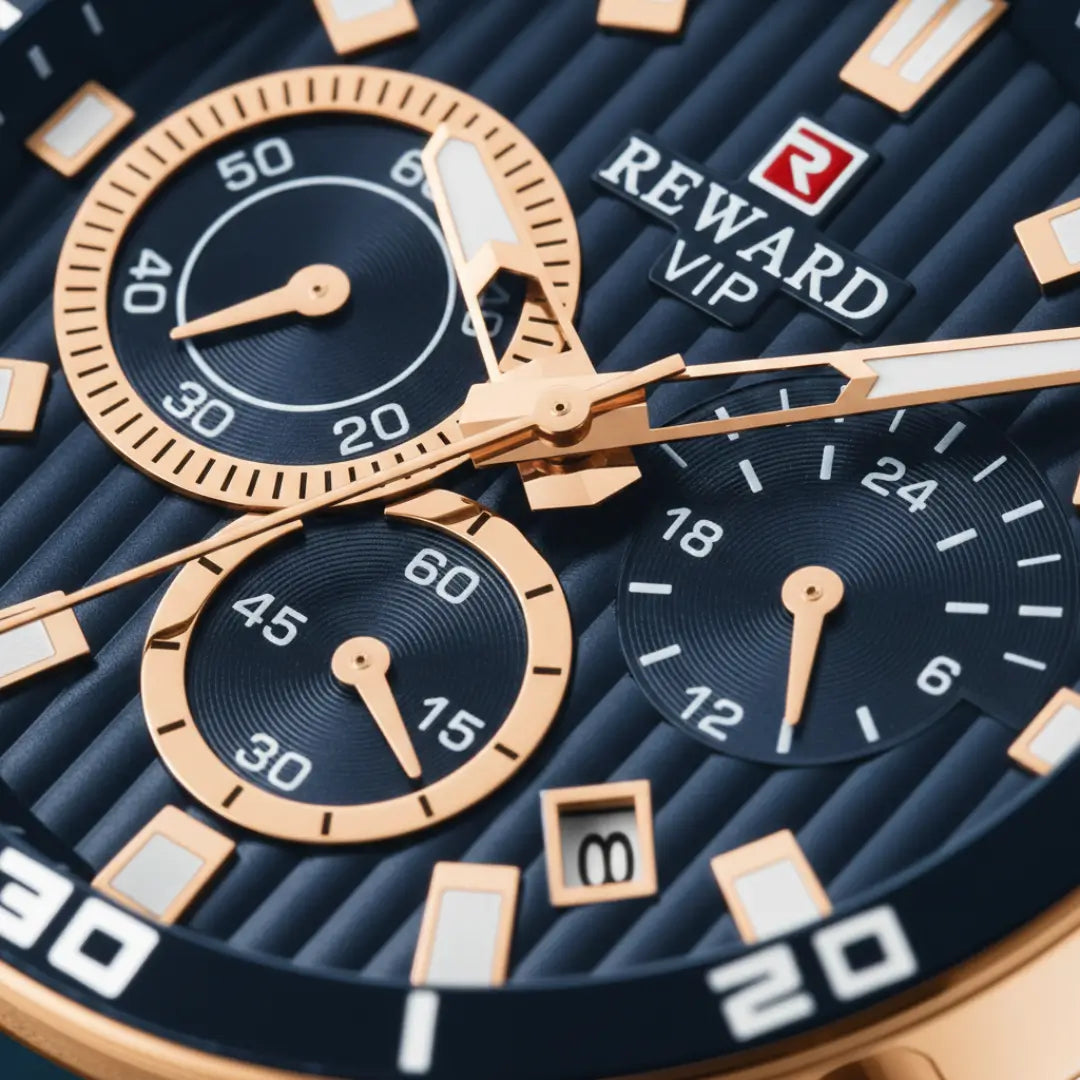 Relógio esportivo masculino azul e dourado Reward VIP Aurion Sport com pulseira de borracha e cronógrafo  vista do mostrador