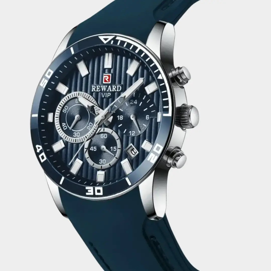 Relógio esportivo masculino azul Reward VIP Aurion Sport 44mm com pulseira de borracha vista ângulo 3/4