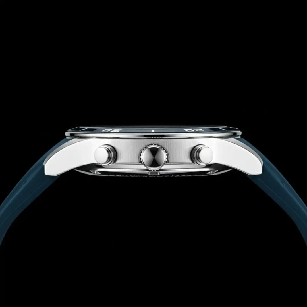 Relógio esportivo masculino azul Reward VIP Aurion Sport 44mm com pulseira de borracha vista lateral da caixa