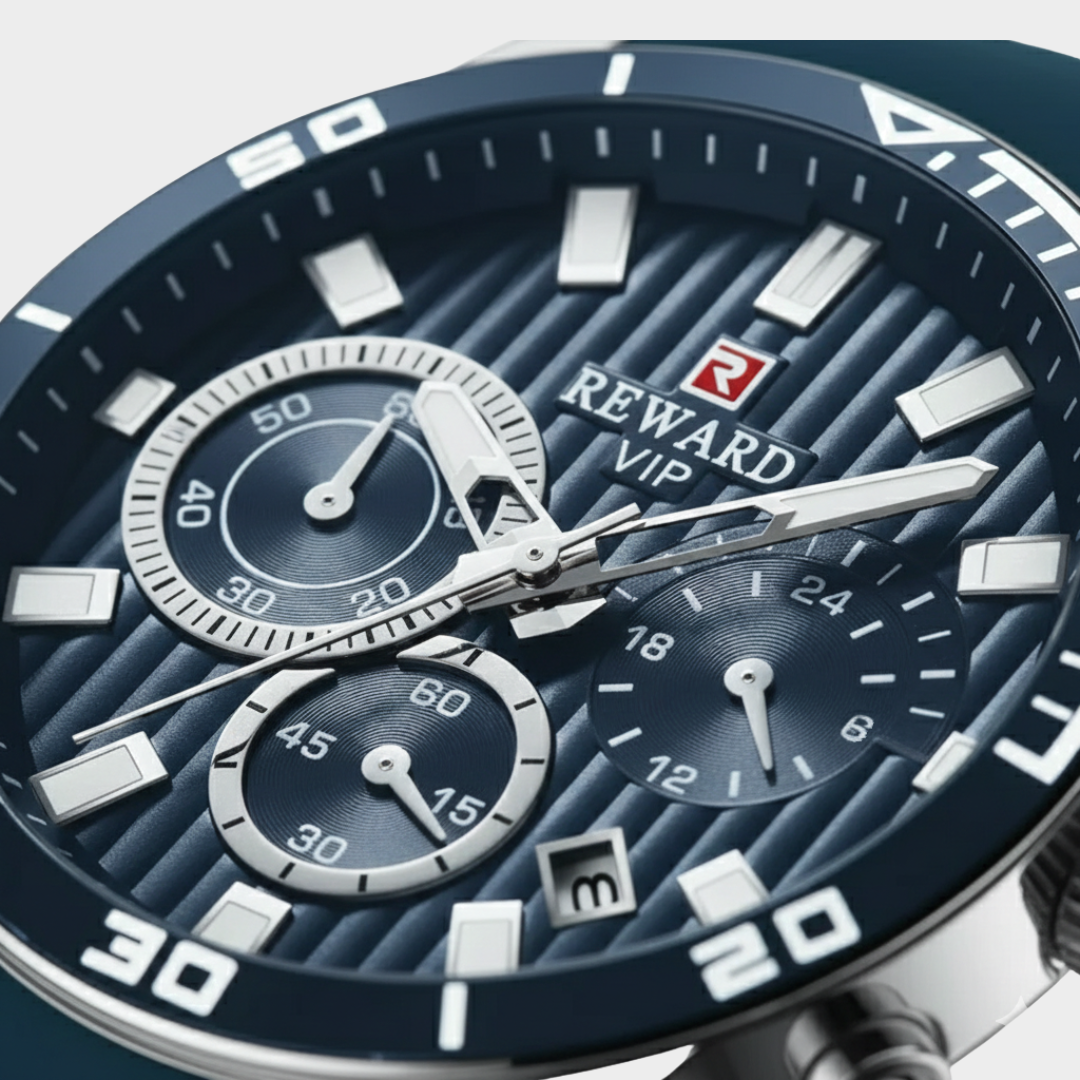Relógio esportivo masculino azul Reward VIP Aurion Sport 44mm com pulseira de borracha vista do mostrador