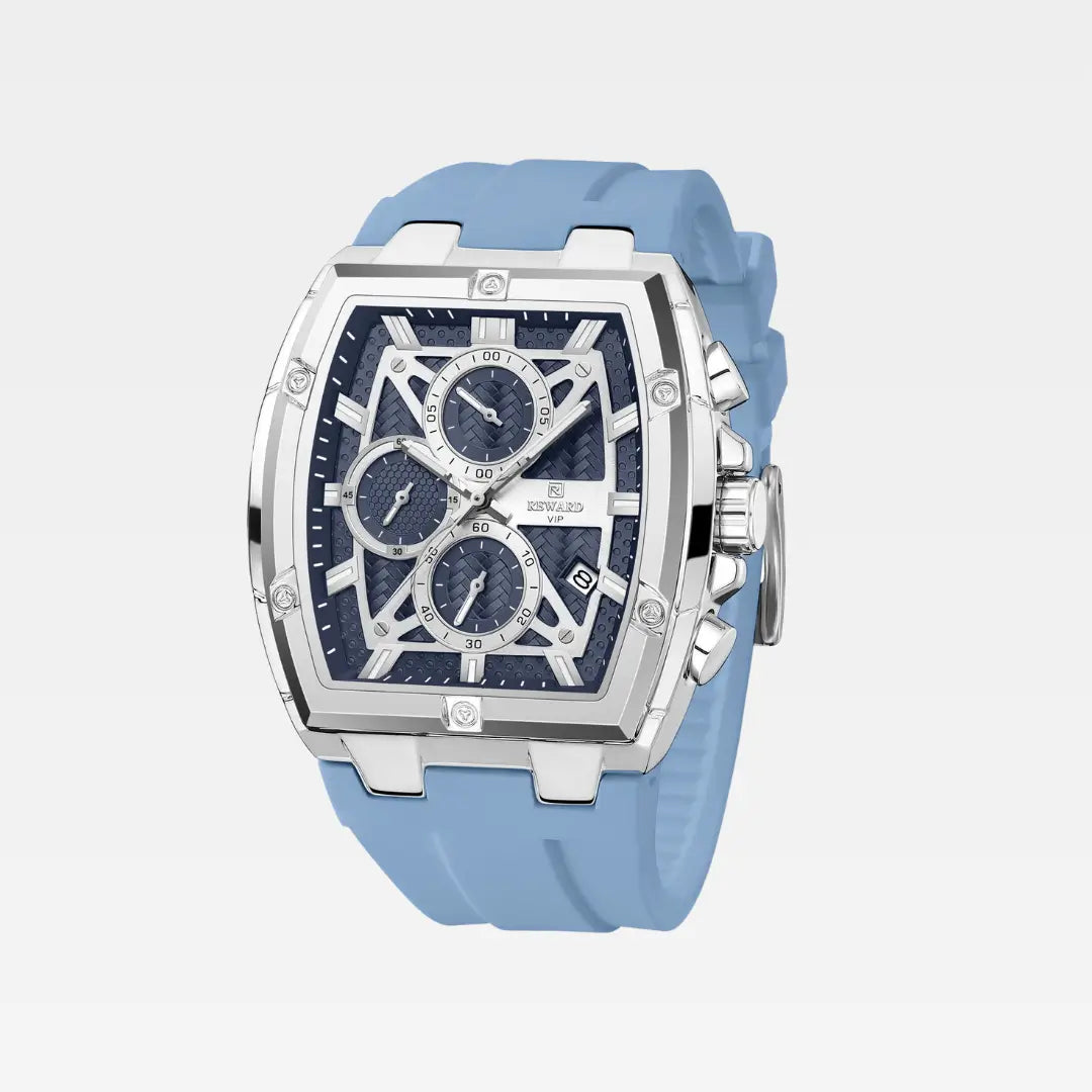 Relógio esportivo masculino azul com cronógrafo e data - Reward VIP GrandMaster Tonneau vista semi lateral