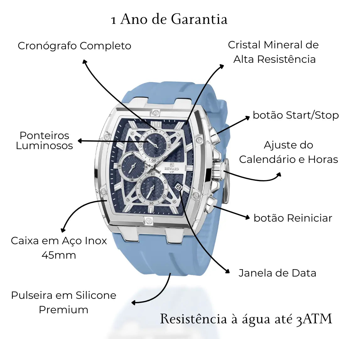 Relógio esportivo masculino azul Reward VIP GrandMaster com foco nos detalhes do produto