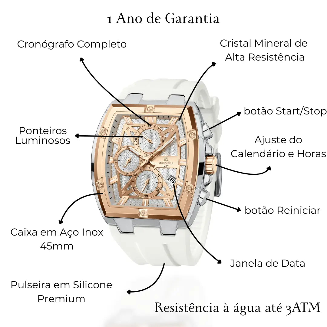 elógio esportivo masculino branco Reward VIP GrandMaster visto da lateral destacando seu bisel cor ouro rosa e sua caixa formato tonneau em aço inoxidável polido