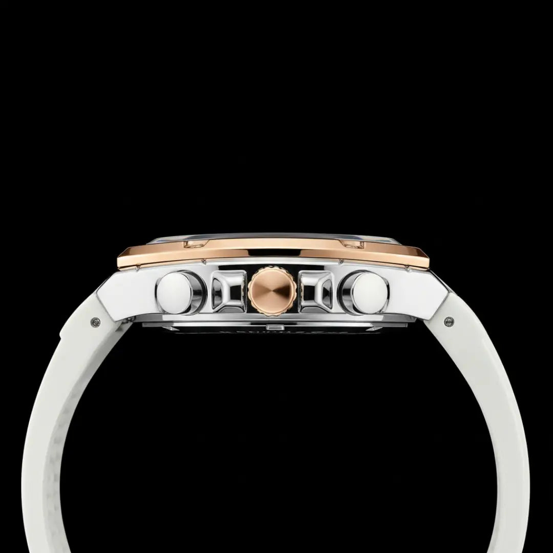 Relógio esportivo masculino branco Reward VIP GrandMaster Tonneau 45mm vista da lateral em outro ângulo