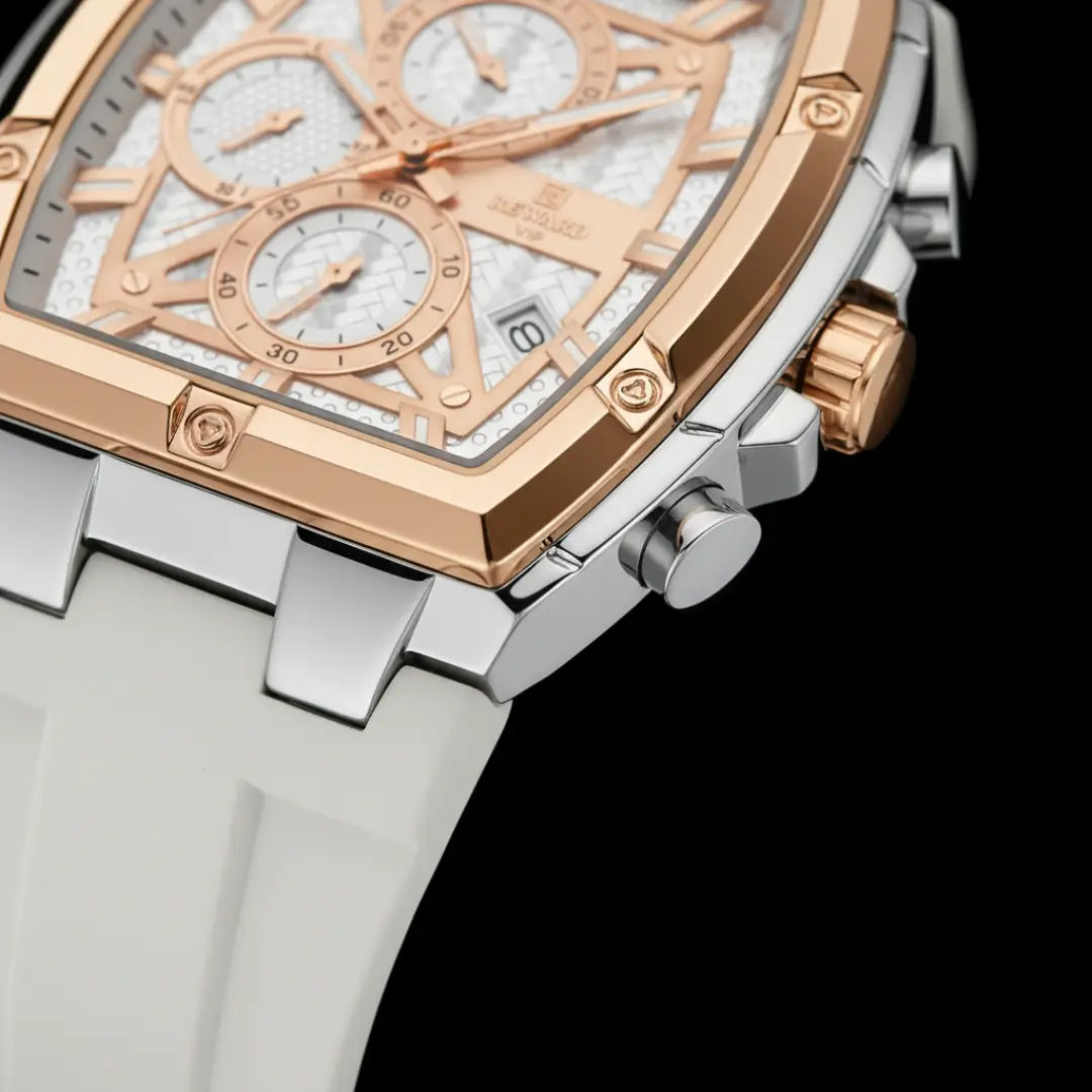 Relógio esportivo masculino branco Reward VIP GrandMaster Tonneau 45mm vista da coroa e detalhes do relógio