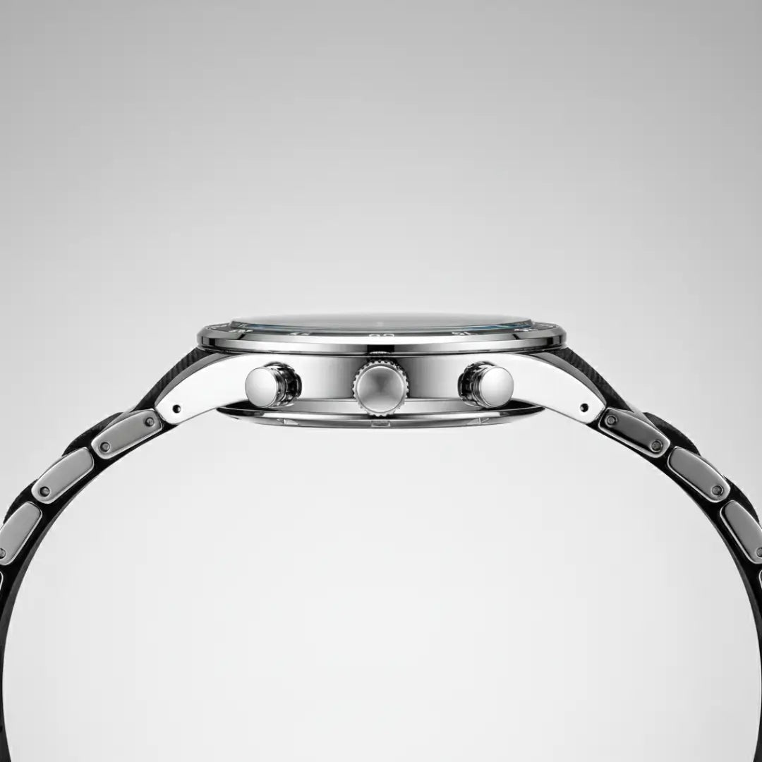 Vista lateral da caixa do relógio esportivo masculino Cronos prata