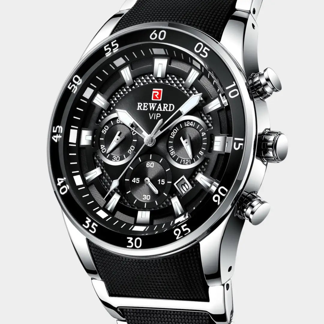 Relógio esportivo masculino Cronos prata com vista lateral da caixa e do mostrador