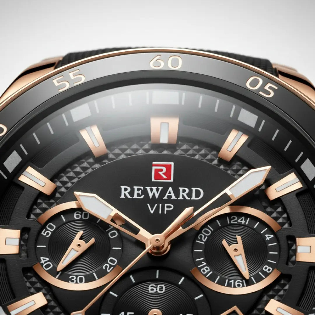 Detalhe do bisel do relógio esportivo masculino Cronos Rose Gold, com acabamento uniforme e integração ao mostrador