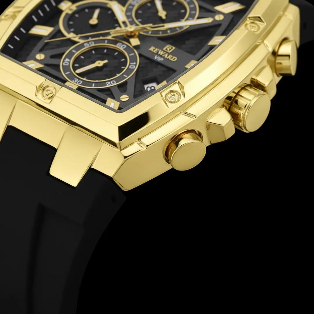 Relógio esportivo masculino dourado Reward VIP GrandMaster Tonneau vista da coroa
