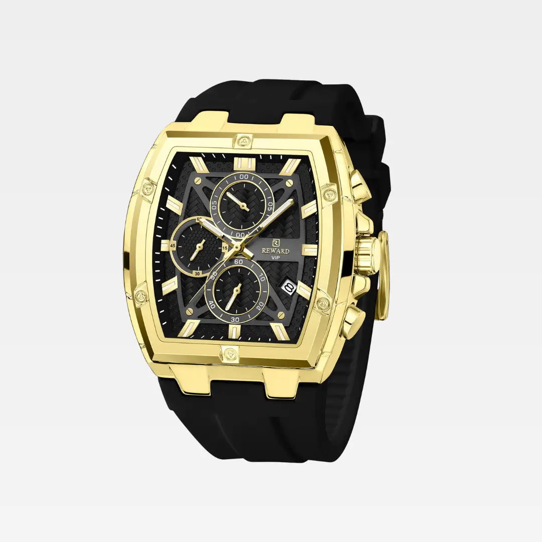 Relógio esportivo masculino dourado Reward VIP GrandMaster Tonneau vista semi lateral da caixa