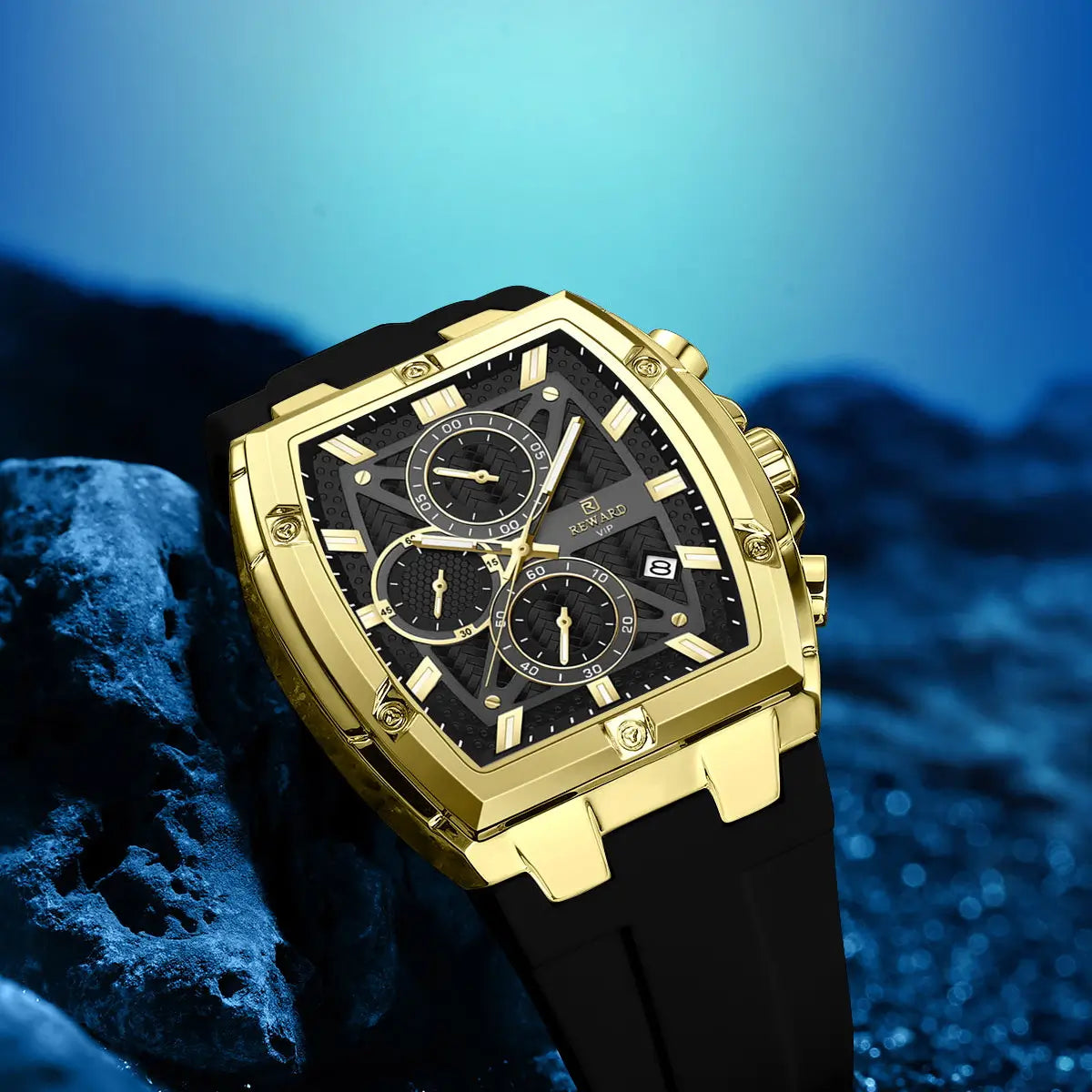 Relógio esportivo masculino dourado Reward VIP GrandMaster com vista do cristal abaulado