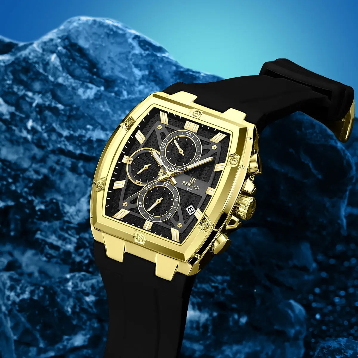 Relógio esportivo masculino dourado Reward VIP GrandMaster com vista completa do design