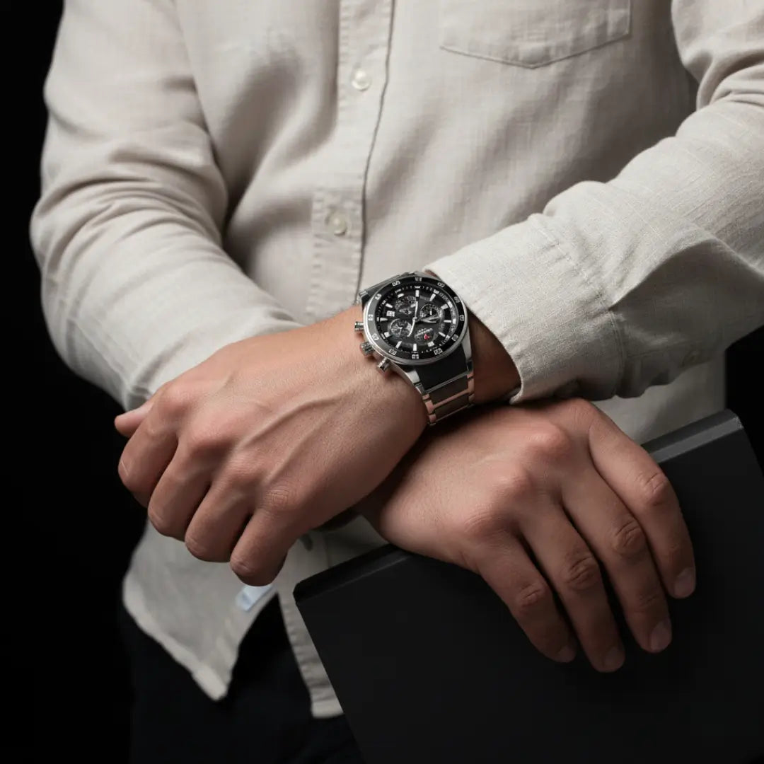 Relógio esportivo masculino Cronos prata no pulso, com visual robusto e moderno