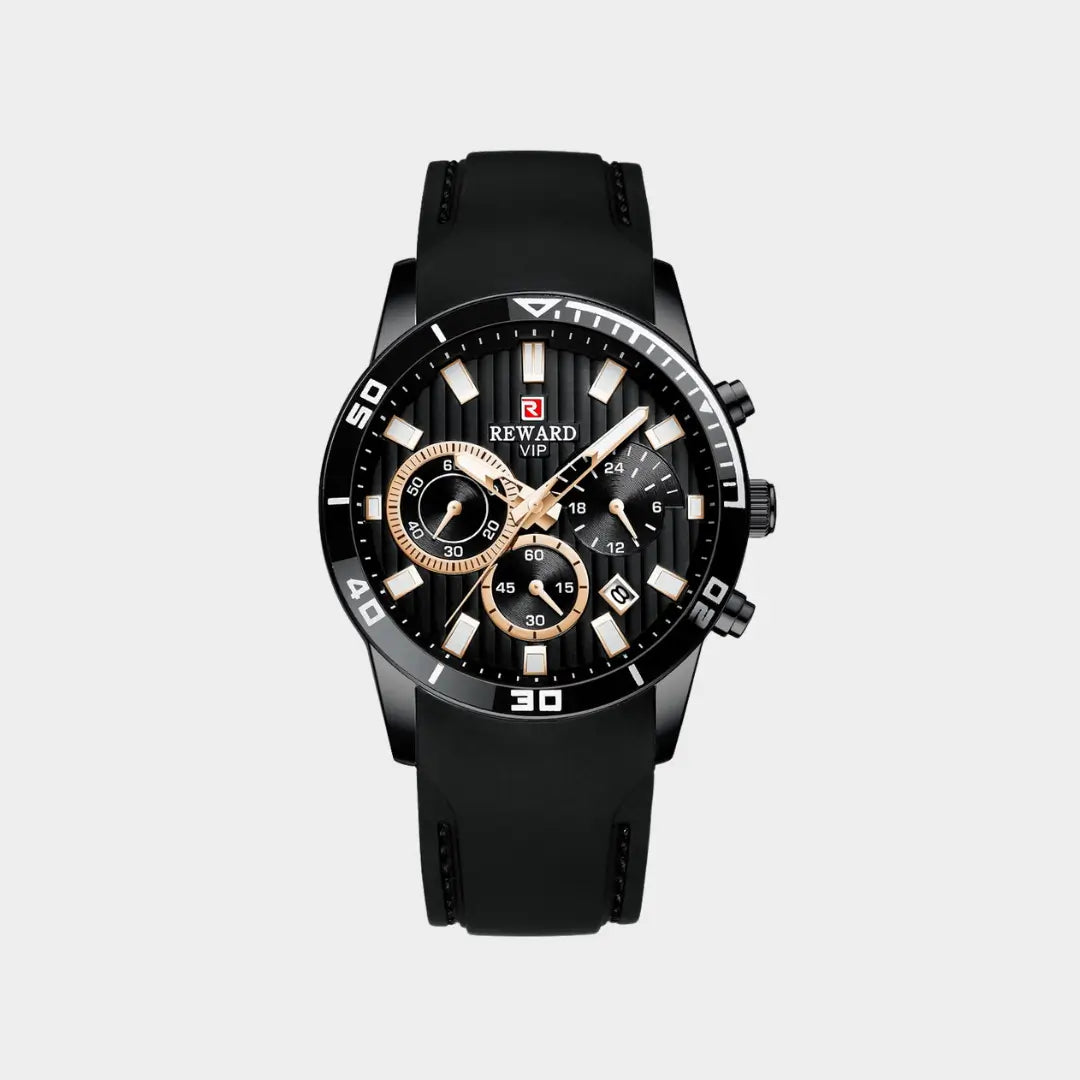 Relógio esportivo masculino preto com ponteiros dourado Reward VIP Aurion Sport 44mm vista frontal