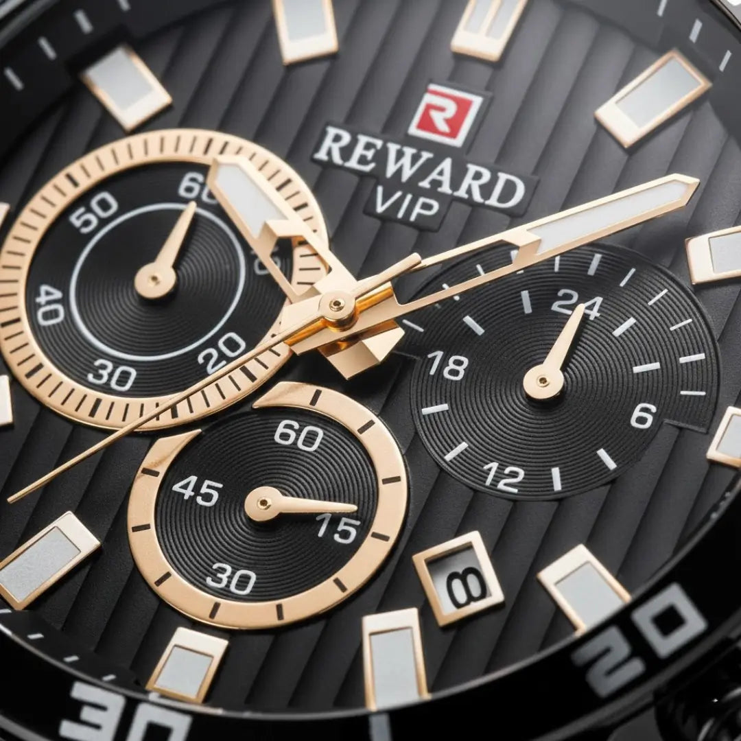 Relógio esportivo masculino preto com ponteiros dourado Reward VIP Aurion Sport 44mm vista do mostrador