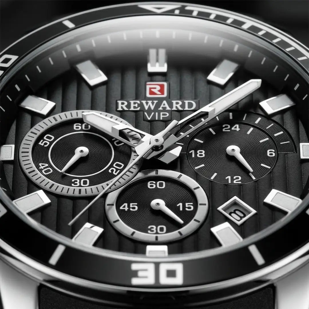 Relógio esportivo masculino preto com detalhes prata com vista do mostrador do modelo Reward VIP Aurion Sport 44mm