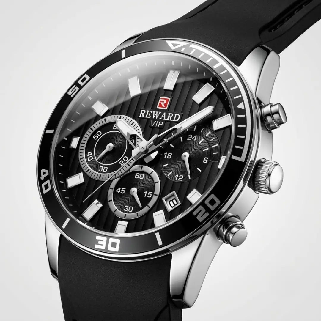 Relógio esportivo masculino preto com detalhes prata com vista de perfil semi lateral do modelo Reward VIP Aurion Sport 44mm