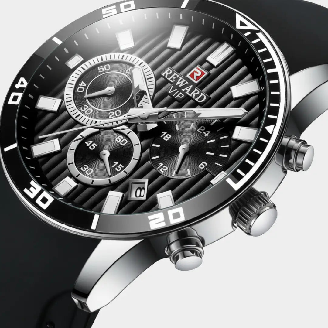 Relógio esportivo masculino preto com pulseira de borracha e cronógrafo Reward VIP Aurion Sport 44mm vista do mostrador e cristal