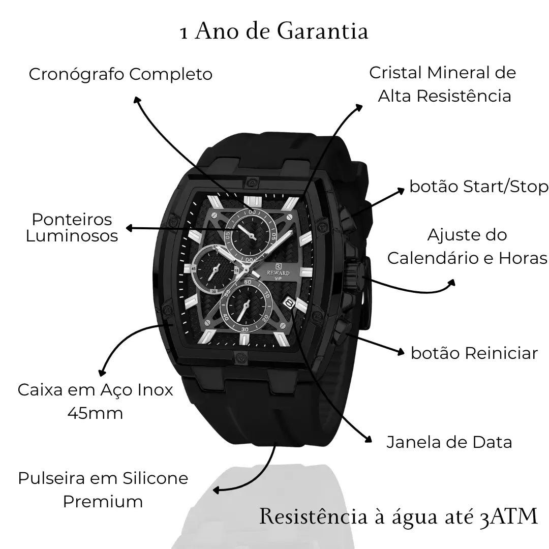 Relógio esportivo masculino preto Reward VIP GrandMaster em detalhes