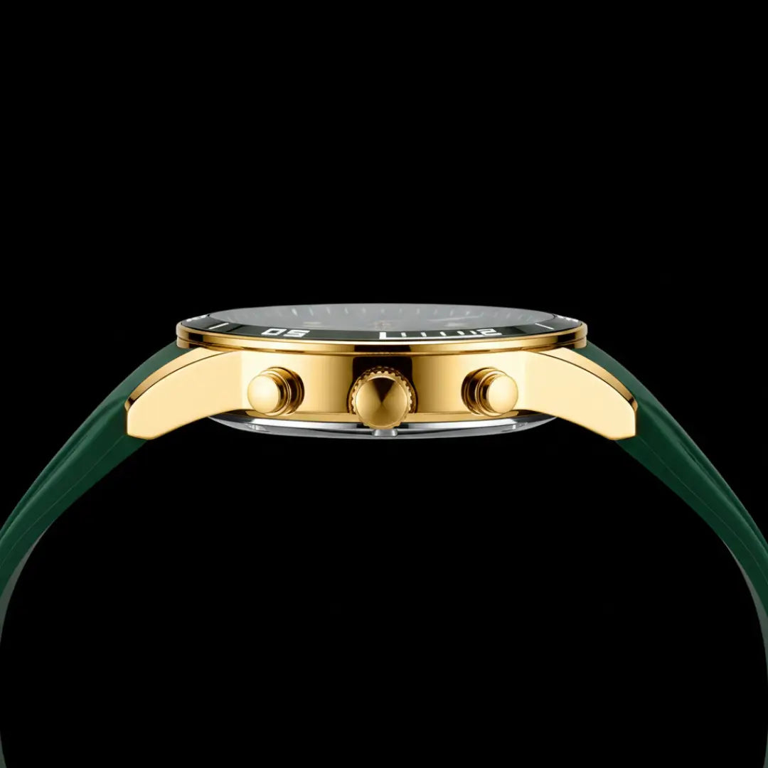 Relógio esportivo masculino verde e dourado Aurion Sport 44mm  vista da caixa lateral