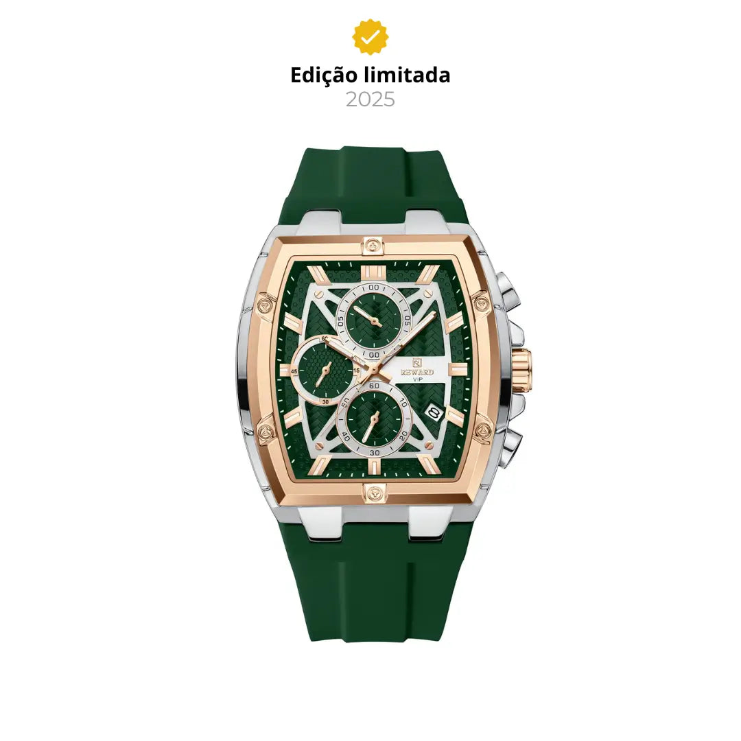 Relógio esportivo masculino verde Reward VIP GrandMaster Tonneau com bisel rose gold e caixa prata visto de frente