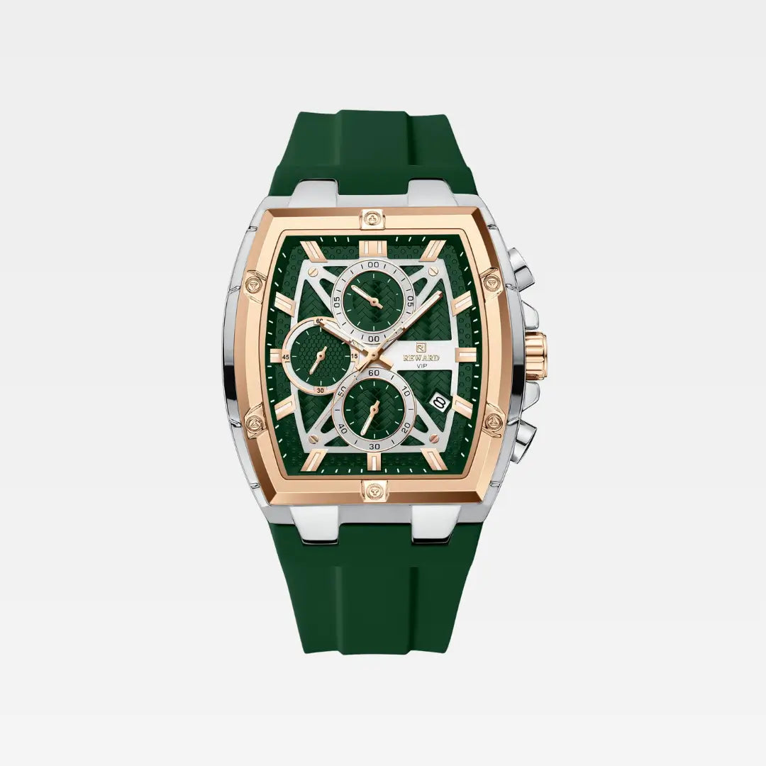 Relógio esportivo masculino verde Reward VIP Grandmaster Tonneau com cronógrafo e data vista frontal