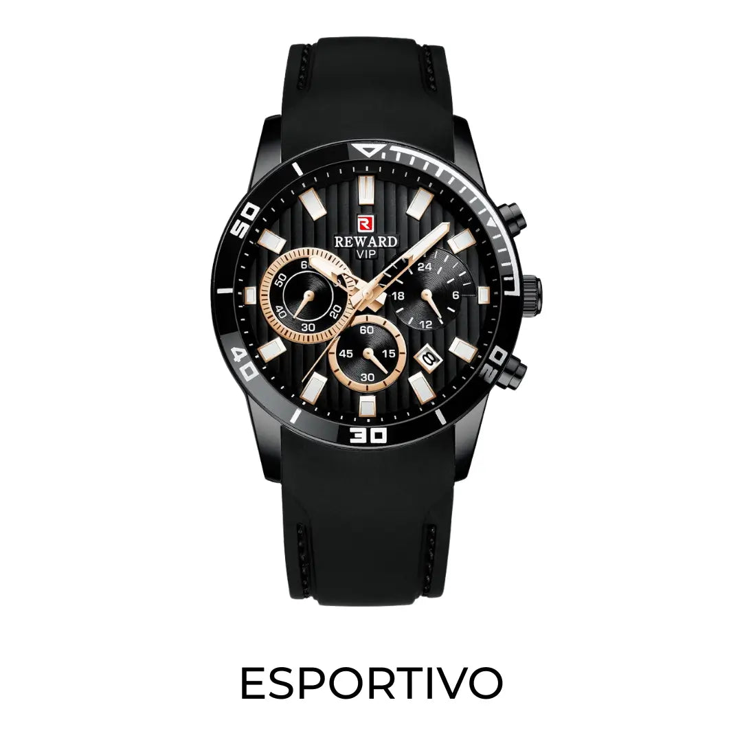 Relógio esportivo masculino preto com pulseira em borracha