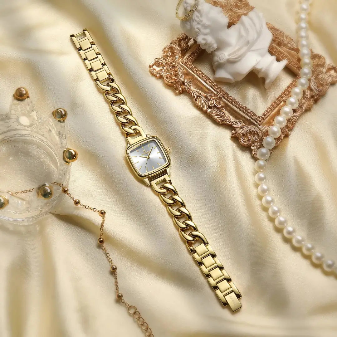 Relógio feminino dourado com design minimalista e formato quadrado Reward VIP Madrid Square um relógio feminino elegante e sofisiticado