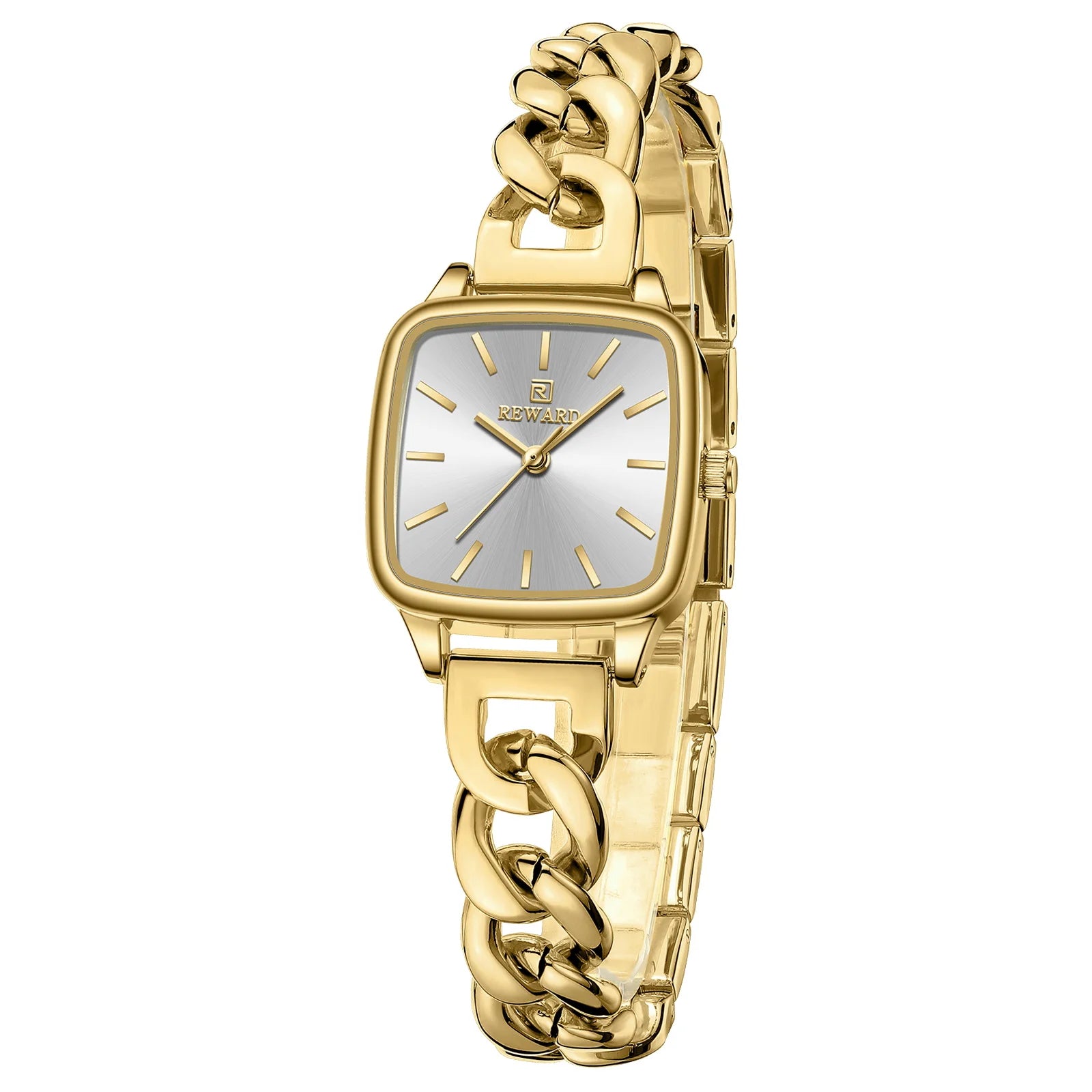 Relógio feminino pequeno dourado modelo Reward VIP Madrid Square vista lateral do modelo com close na coroa e mostrador prata