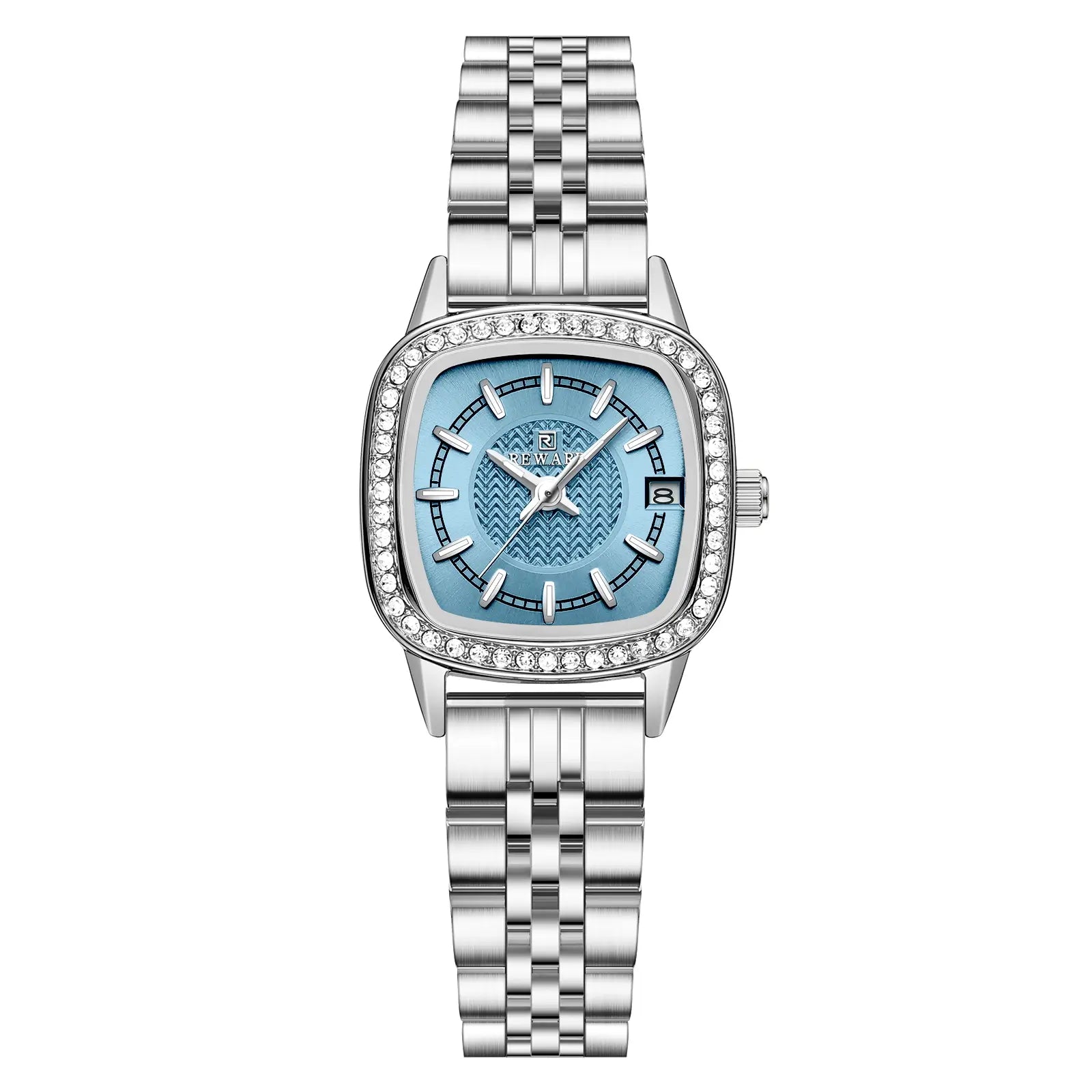 Relógio feminino pequeno prata com mostrador azul, pedra brilhantes no bisel e pulseira em aço inoxidável