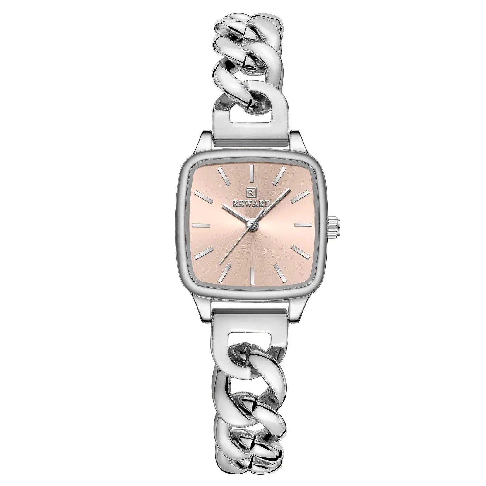 Relógio feminino prata Madrid Square com mostrador rosa e pulseira padrão corrente