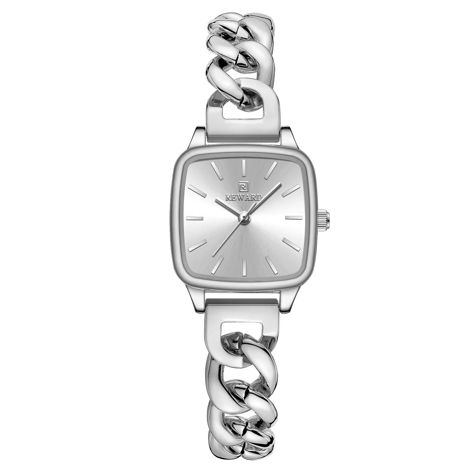 Relógio feminino prata pequeno com caixa quadrada e design elegante destacando sua pulseira, cristal e mostrador